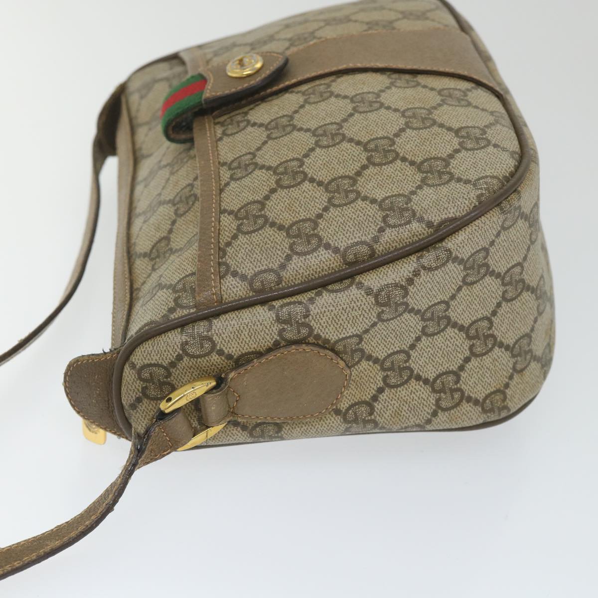 GUCCI GG Canvas Web Sherry Line Shoulder Bag PVC Leather Beige Green 58277