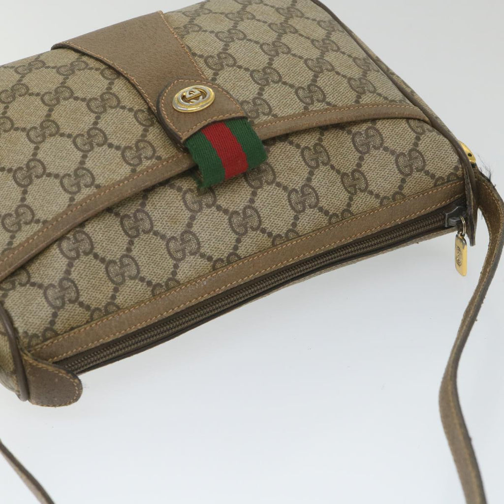 GUCCI GG Canvas Web Sherry Line Shoulder Bag PVC Leather Beige Green 58277