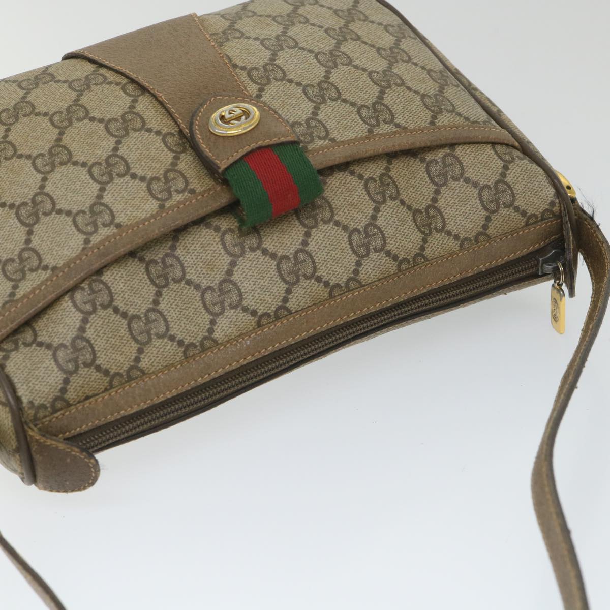 GUCCI GG Canvas Web Sherry Line Shoulder Bag PVC Leather Beige Green 58277