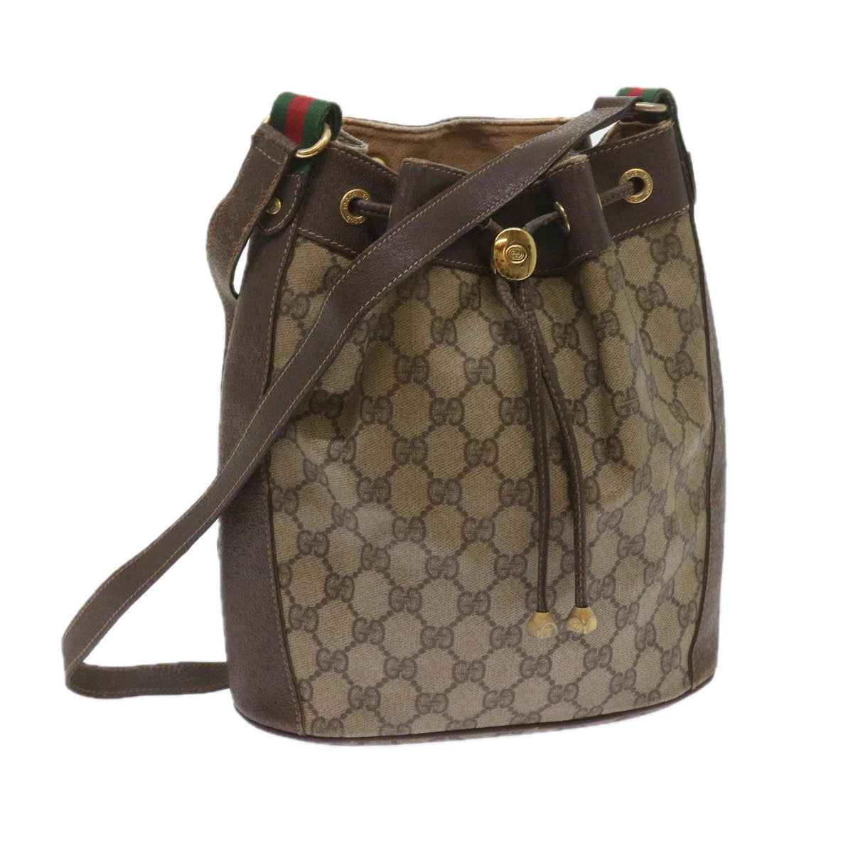 GUCCI GG Canvas Web Sherry Line Shoulder Bag PVC Leather Beige Green 58321