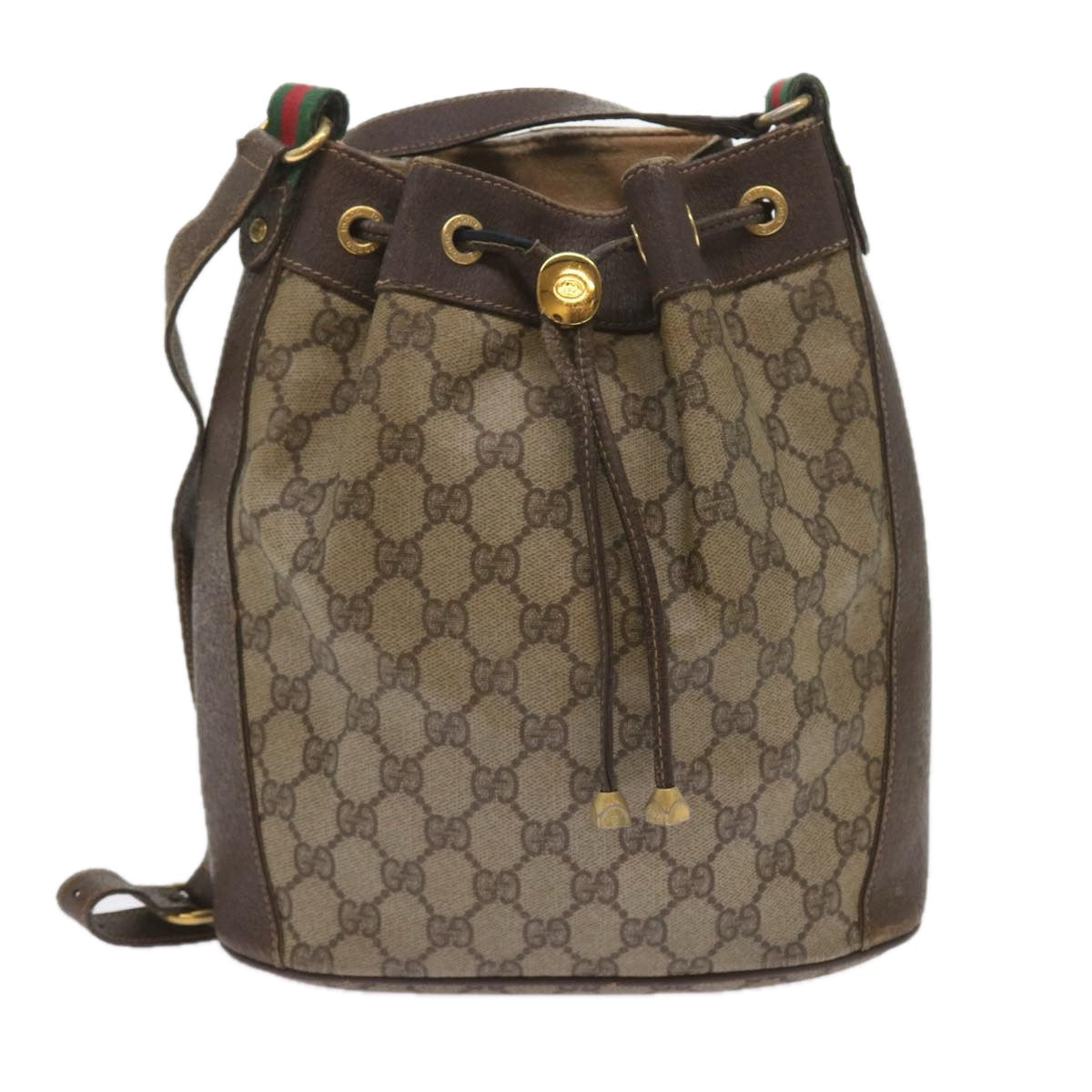 GUCCI GG Canvas Web Sherry Line Shoulder Bag PVC Leather Beige Green 58321