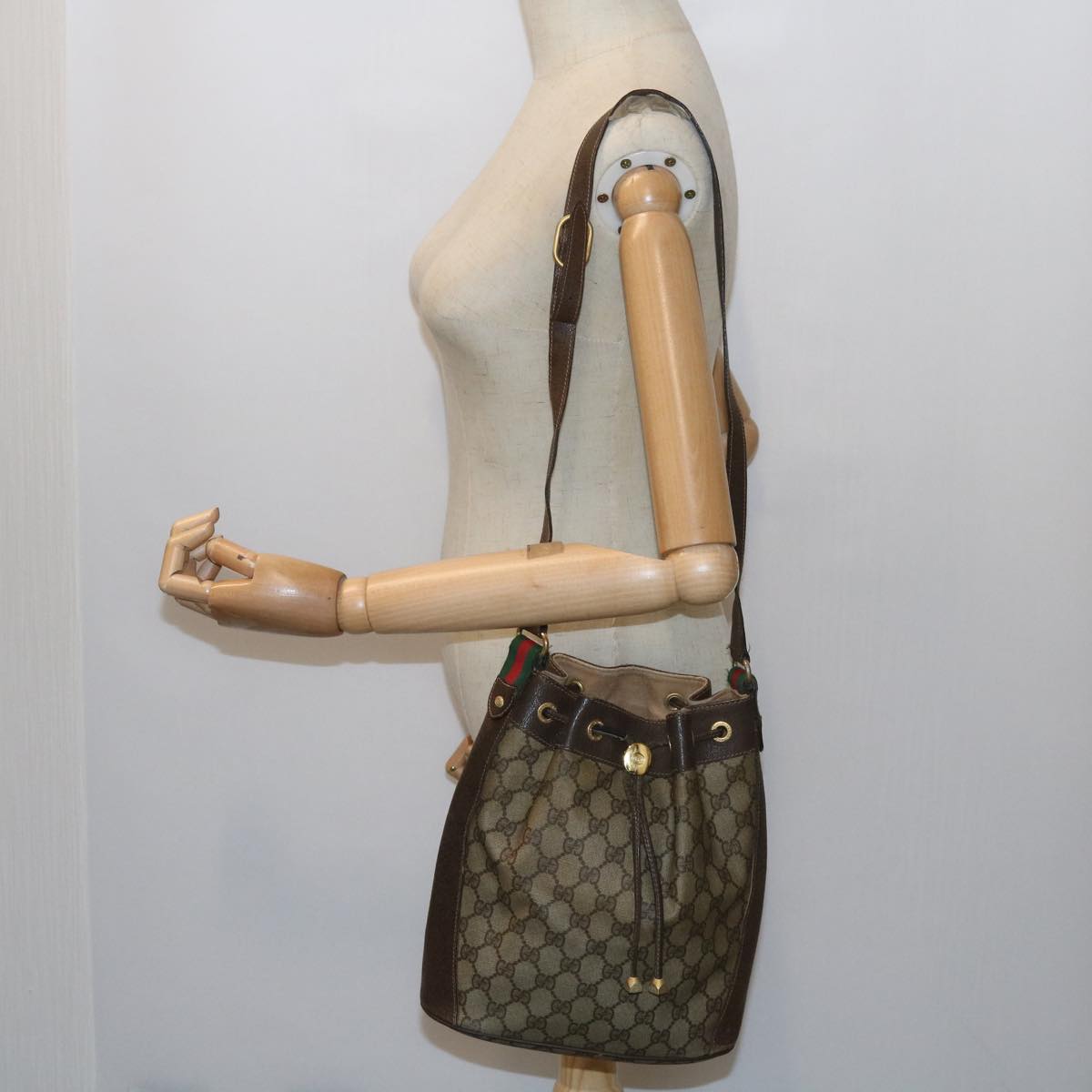 GUCCI GG Canvas Web Sherry Line Shoulder Bag PVC Leather Beige Green 58321