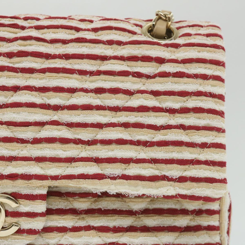 CHANEL Quilted Matelasse Chain Shoulder Bag Canvas Red Beige CC 58343S