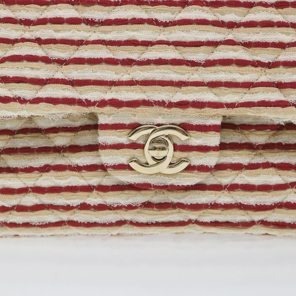 CHANEL Quilted Matelasse Chain Shoulder Bag Canvas Red Beige CC 58343S