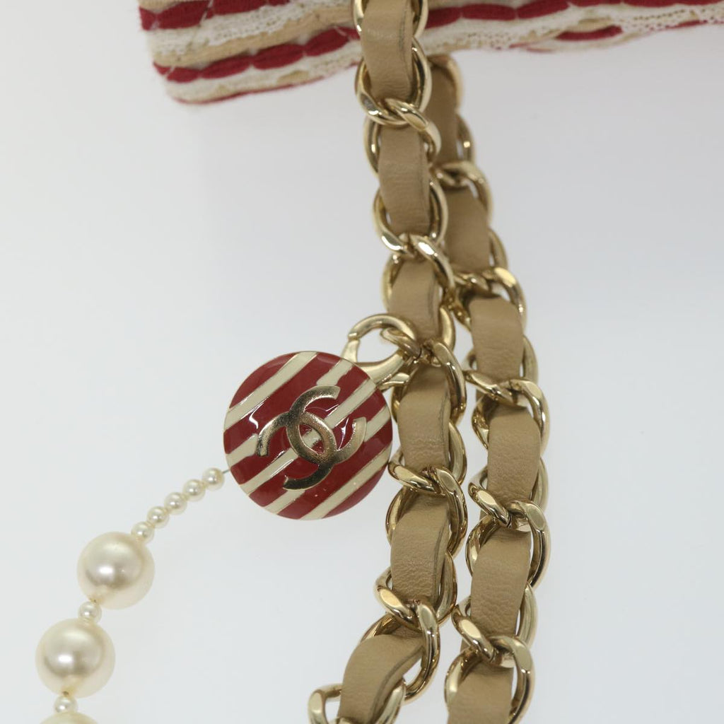 CHANEL Quilted Matelasse Chain Shoulder Bag Canvas Red Beige CC 58343S