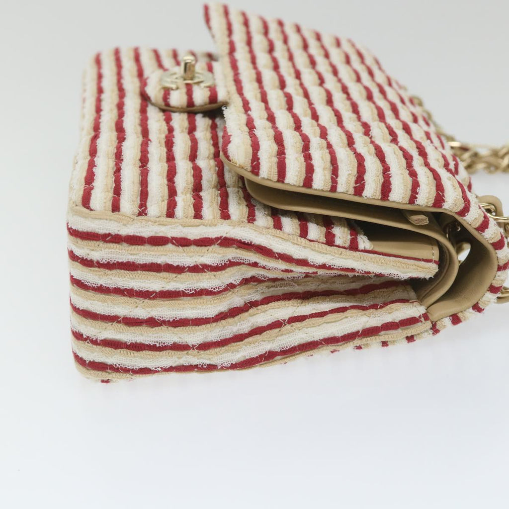 CHANEL Quilted Matelasse Chain Shoulder Bag Canvas Red Beige CC 58343S