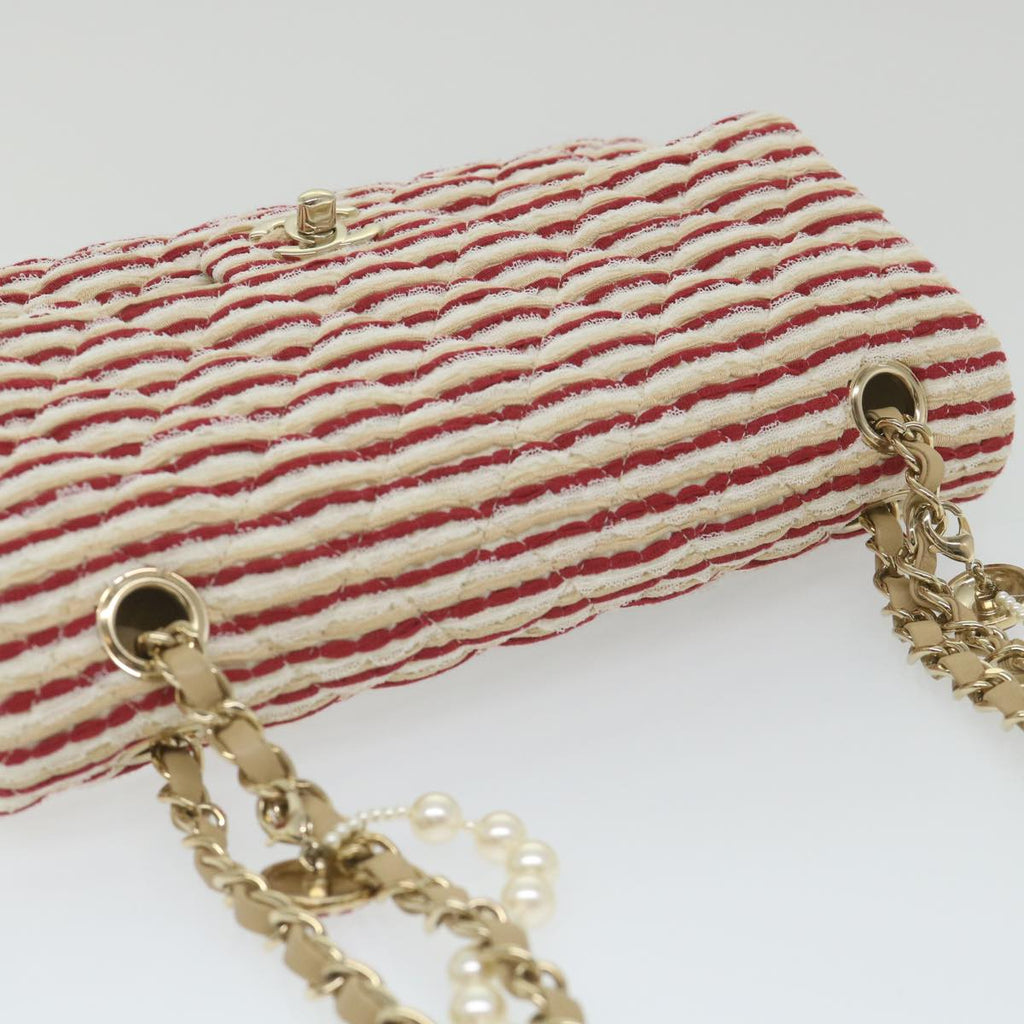CHANEL Quilted Matelasse Chain Shoulder Bag Canvas Red Beige CC 58343S