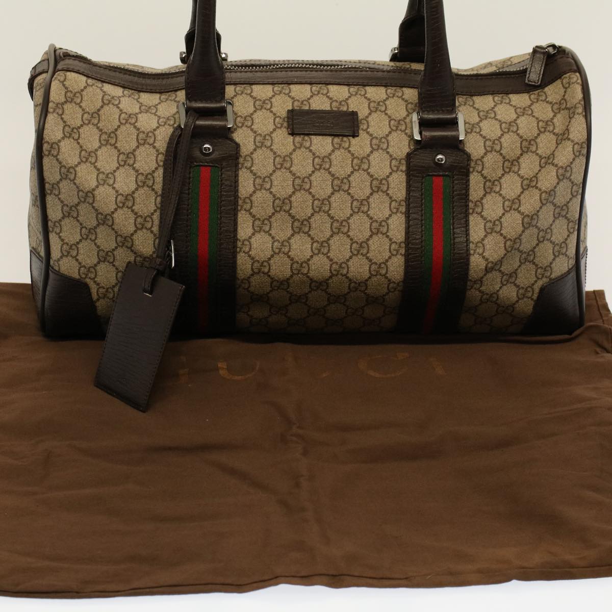 GUCCI GG Canvas Web Sherry Line Boston Bag PVC Leather Beige 145957 58555