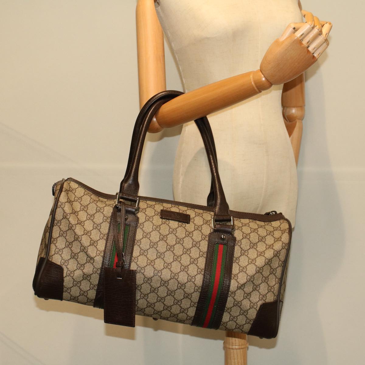 GUCCI GG Canvas Web Sherry Line Boston Bag PVC Leather Beige 145957 58555