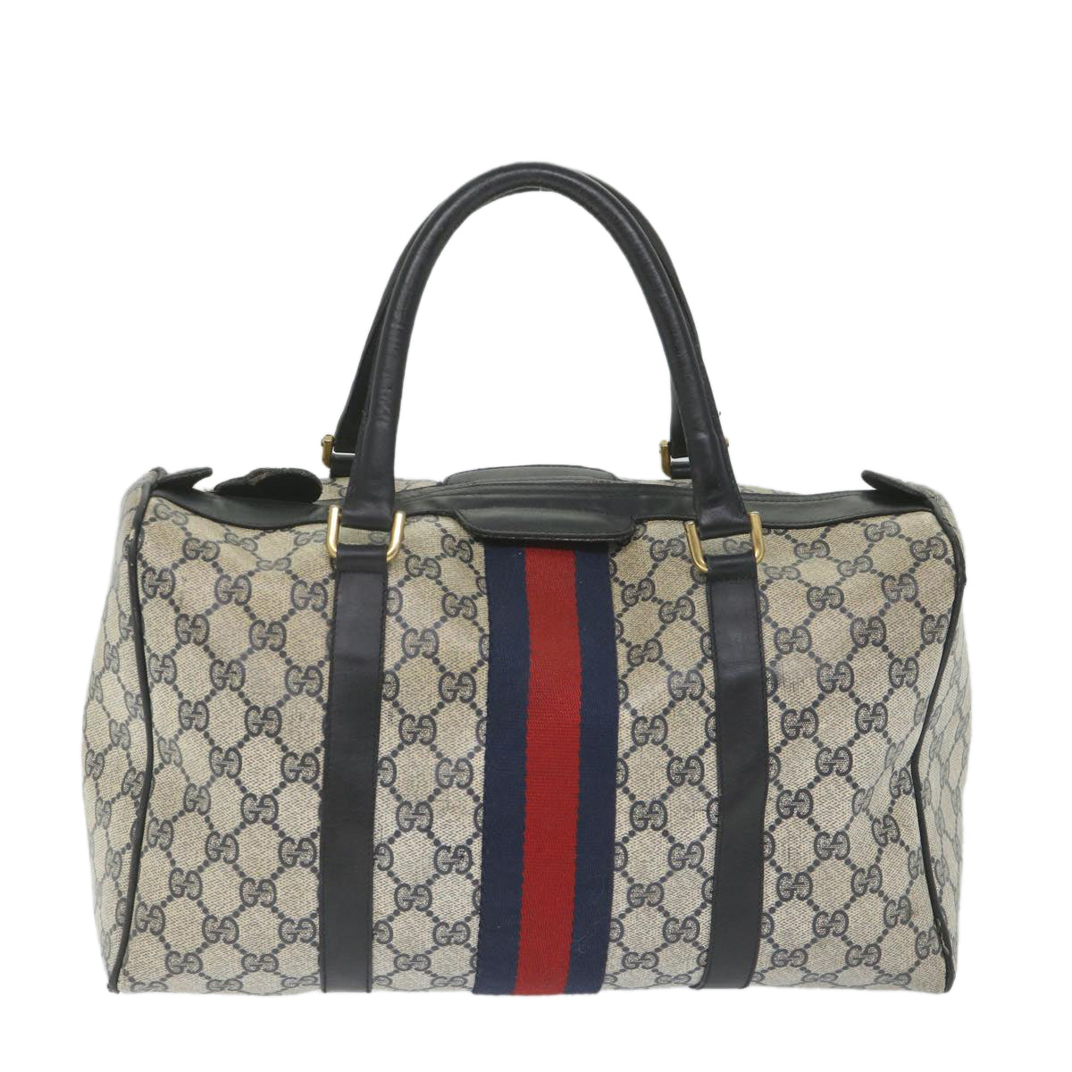 GUCCI GG Canvas Sherry Line Boston Bag PVC Leather Navy Red 58606