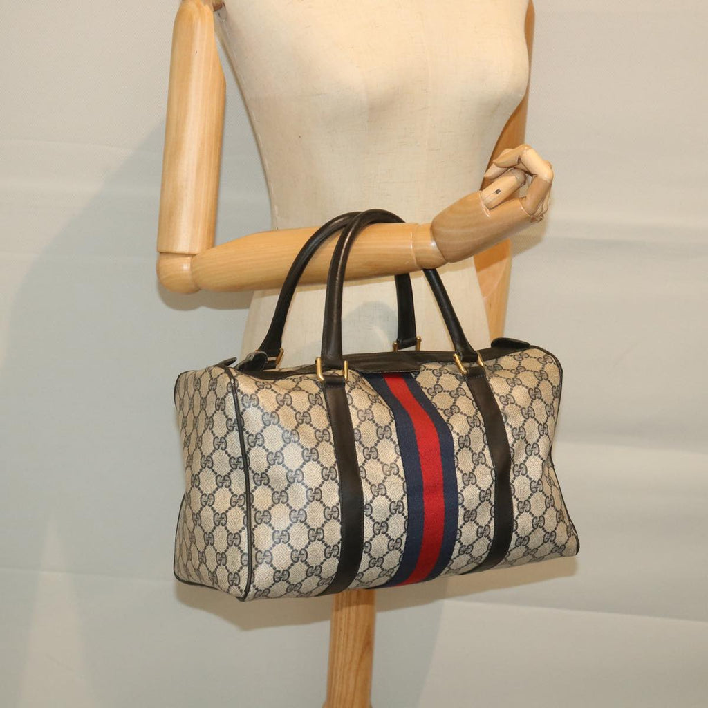 GUCCI GG Canvas Sherry Line Boston Bag PVC Leather Navy Red 58606