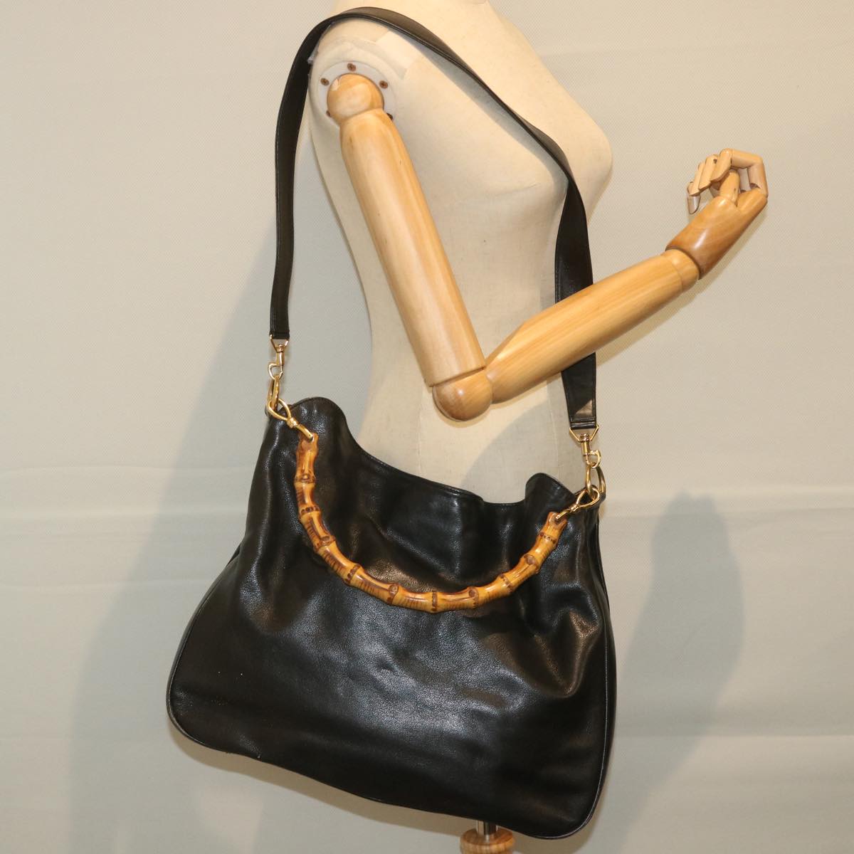 GUCCI Bamboo Shoulder Bag Leather 2way Black 001 2854 1577 58617