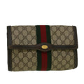 GUCCI GG Canvas Web Sherry Line Clutch Bag PVC Leather Beige Green 58678