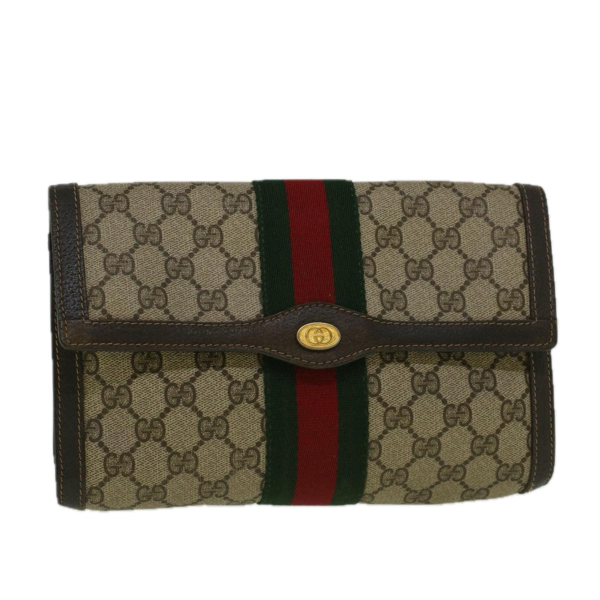 GUCCI GG Canvas Web Sherry Line Clutch Bag PVC Leather Beige Green 58678
