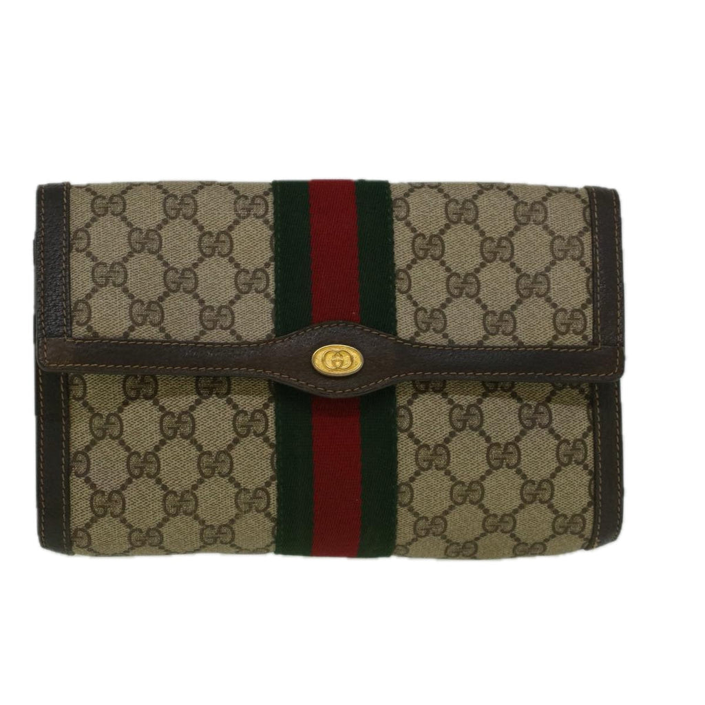 GUCCI GG Canvas Web Sherry Line Clutch Bag PVC Leather Beige Green 58678