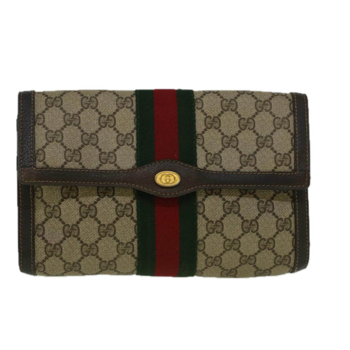 GUCCI GG Canvas Web Sherry Line Clutch Bag PVC Leather Beige Green 58678