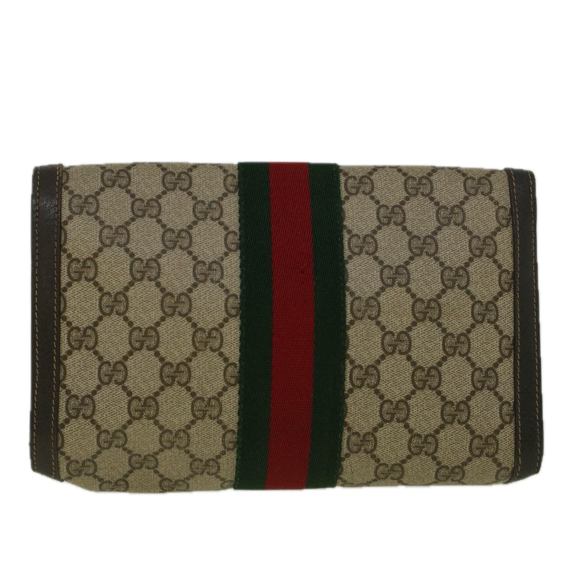 GUCCI GG Canvas Web Sherry Line Clutch Bag PVC Leather Beige Green 58678