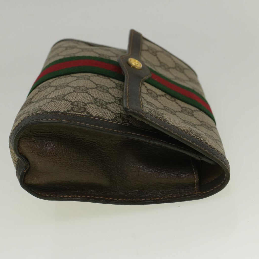 GUCCI GG Canvas Web Sherry Line Clutch Bag PVC Leather Beige Green 58678