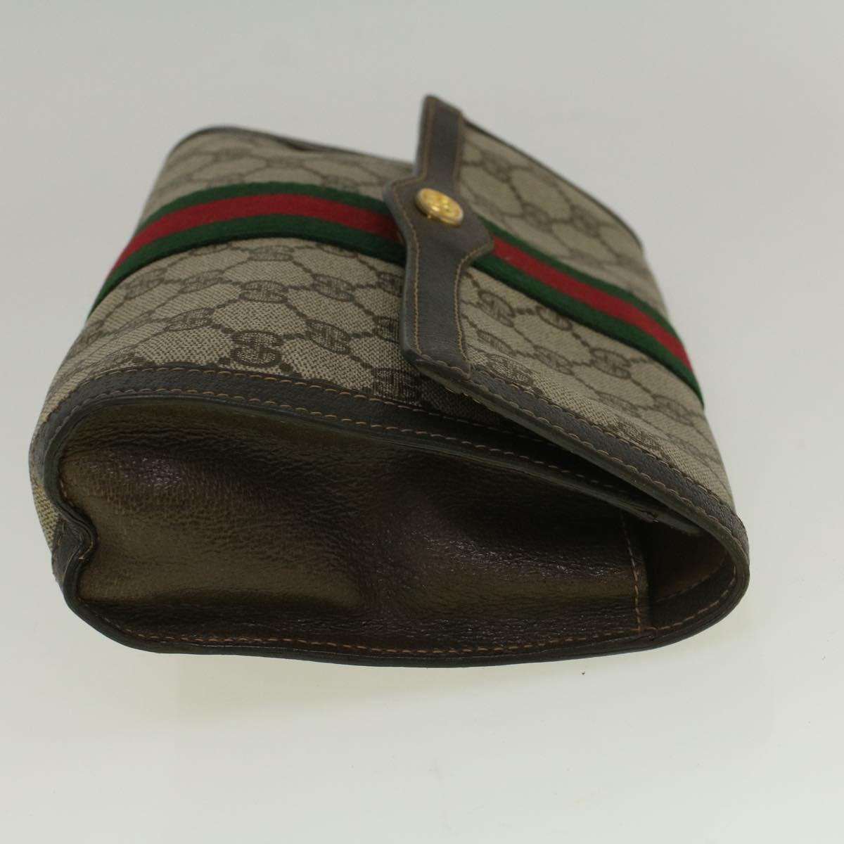 GUCCI GG Canvas Web Sherry Line Clutch Bag PVC Leather Beige Green 58678