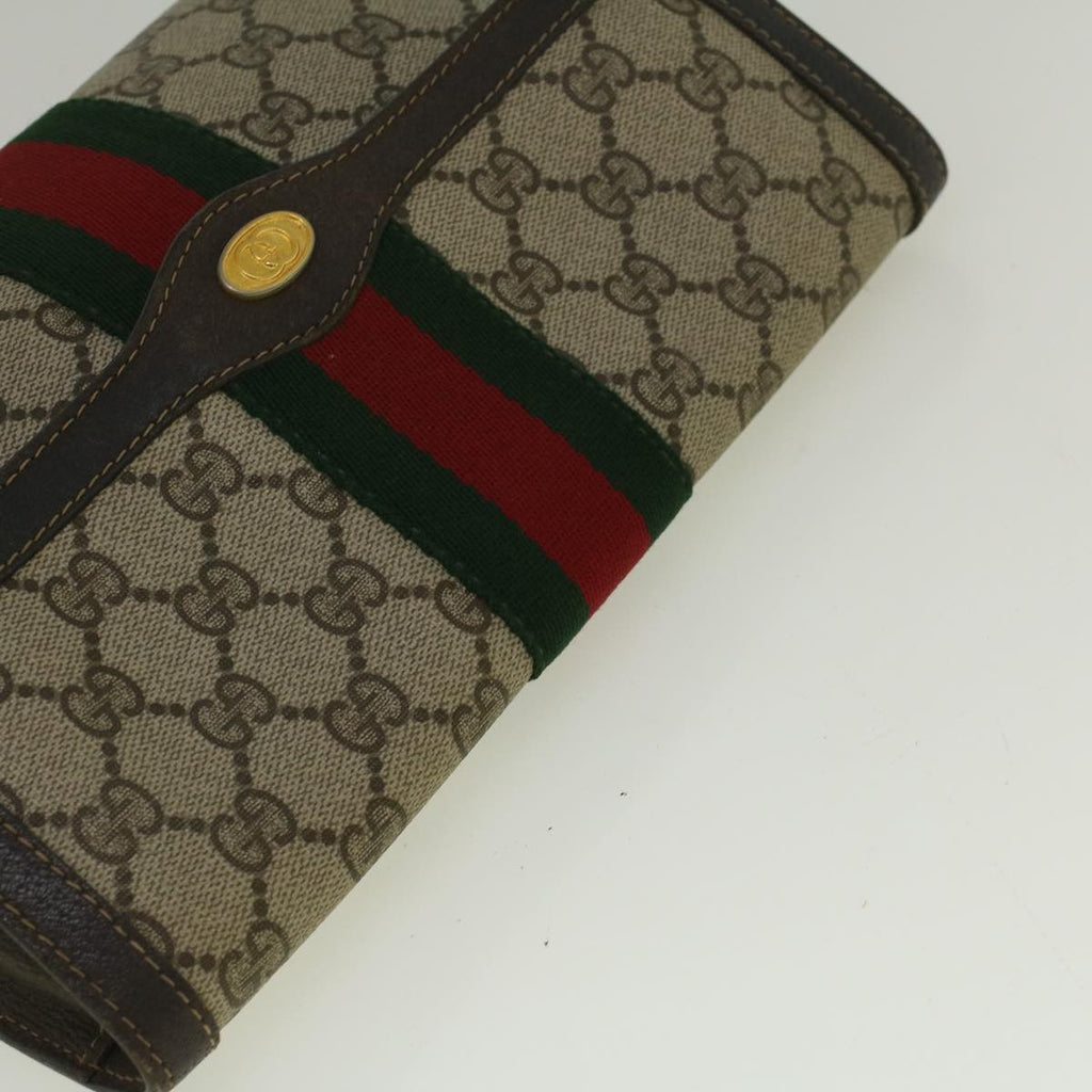 GUCCI GG Canvas Web Sherry Line Clutch Bag PVC Leather Beige Green 58678