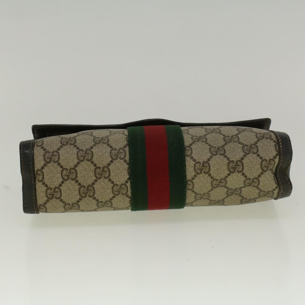 GUCCI GG Canvas Web Sherry Line Clutch Bag PVC Leather Beige Green 58678