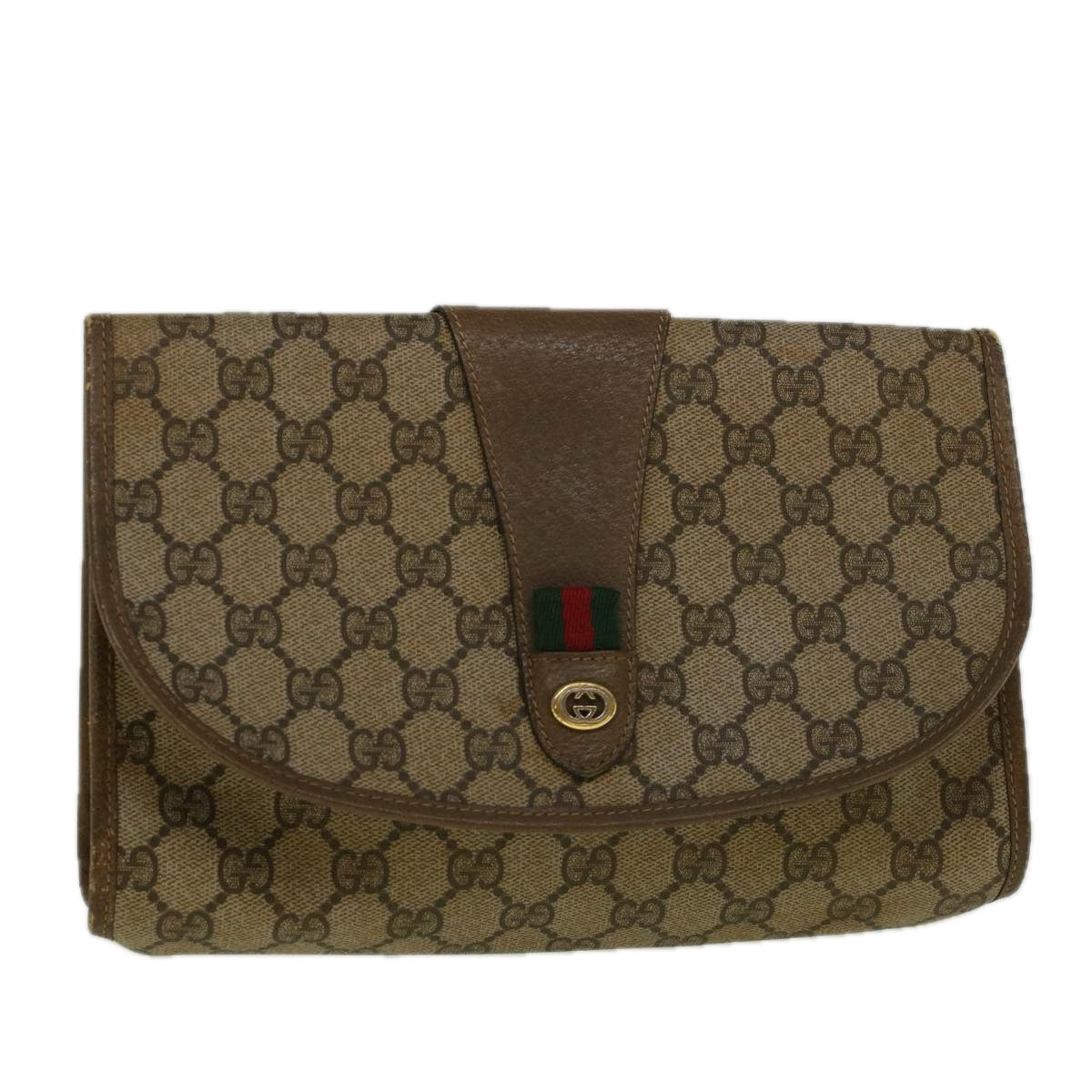 GUCCI GG Canvas Web Sherry Line Clutch Bag PVC Leather Beige Green 58679