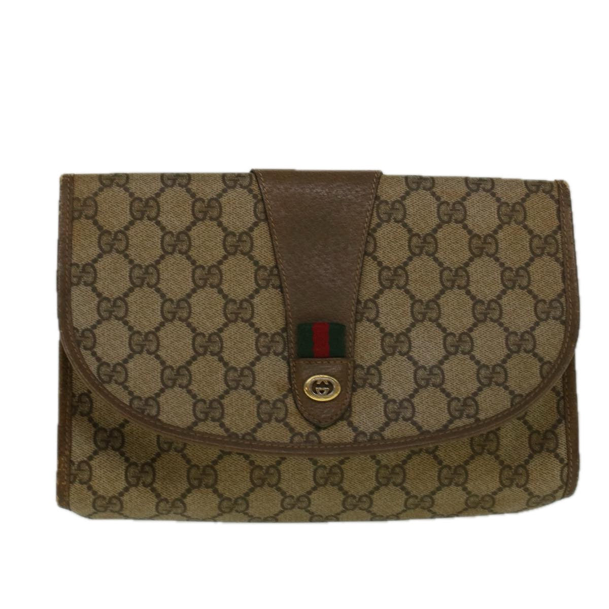 GUCCI GG Canvas Web Sherry Line Clutch Bag PVC Leather Beige Green 58679