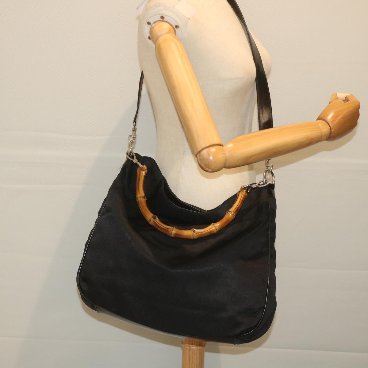 GUCCI Bamboo Shoulder Bag Nylon 2way Black 001 1998 1577 5 58813