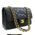 CHANEL Classic Double Flap 10" Chain Shoulder Bag Black Lambskin k49