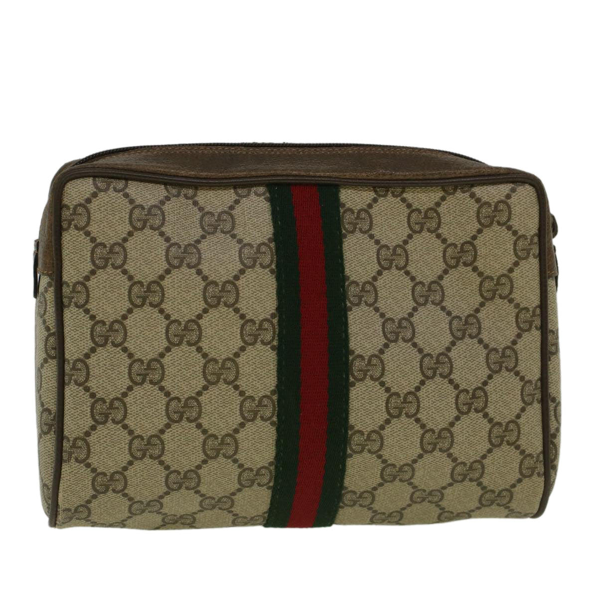 GUCCI GG Canvas Web Sherry Line Clutch Bag PVC Leather Beige Green 59128