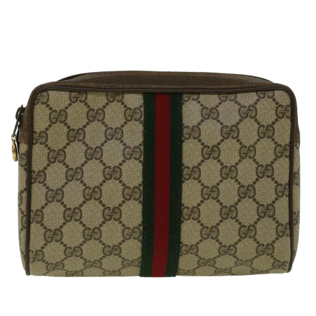 GUCCI GG Canvas Web Sherry Line Clutch Bag PVC Leather Beige Green 59128
