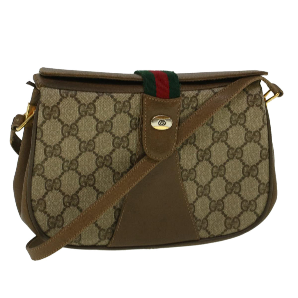GUCCI GG Canvas Web Sherry Line Shoulder Bag PVC Leather Beige Green 59155