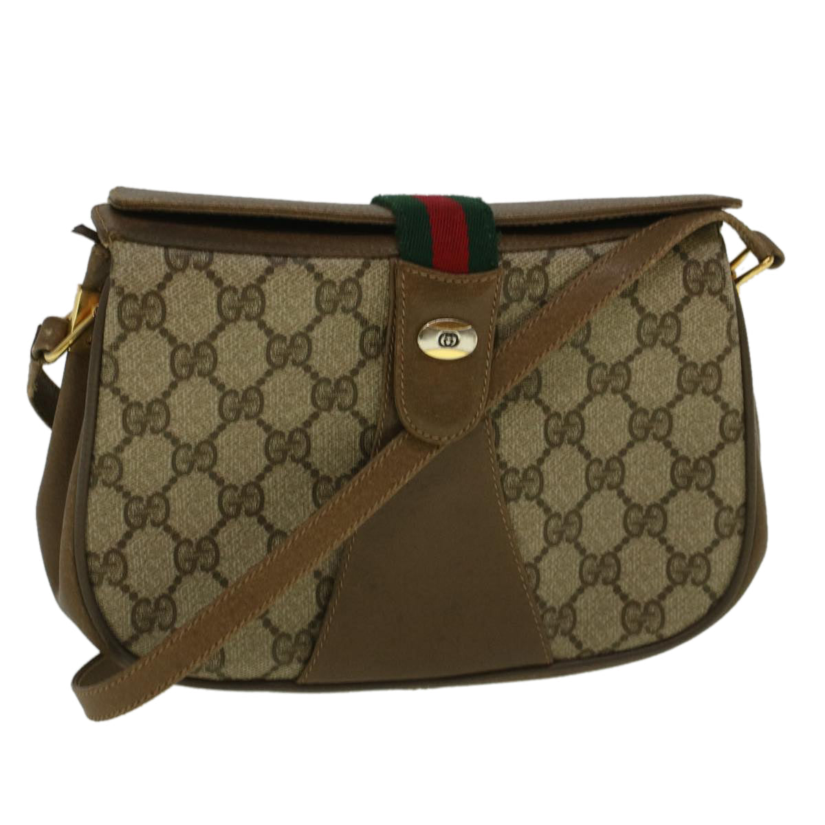 GUCCI GG Canvas Web Sherry Line Shoulder Bag PVC Leather Beige Green 59155