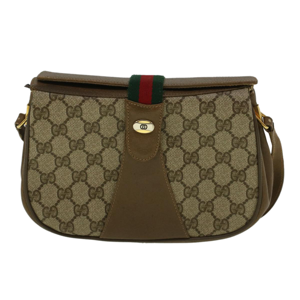 GUCCI GG Canvas Web Sherry Line Shoulder Bag PVC Leather Beige Green 59155