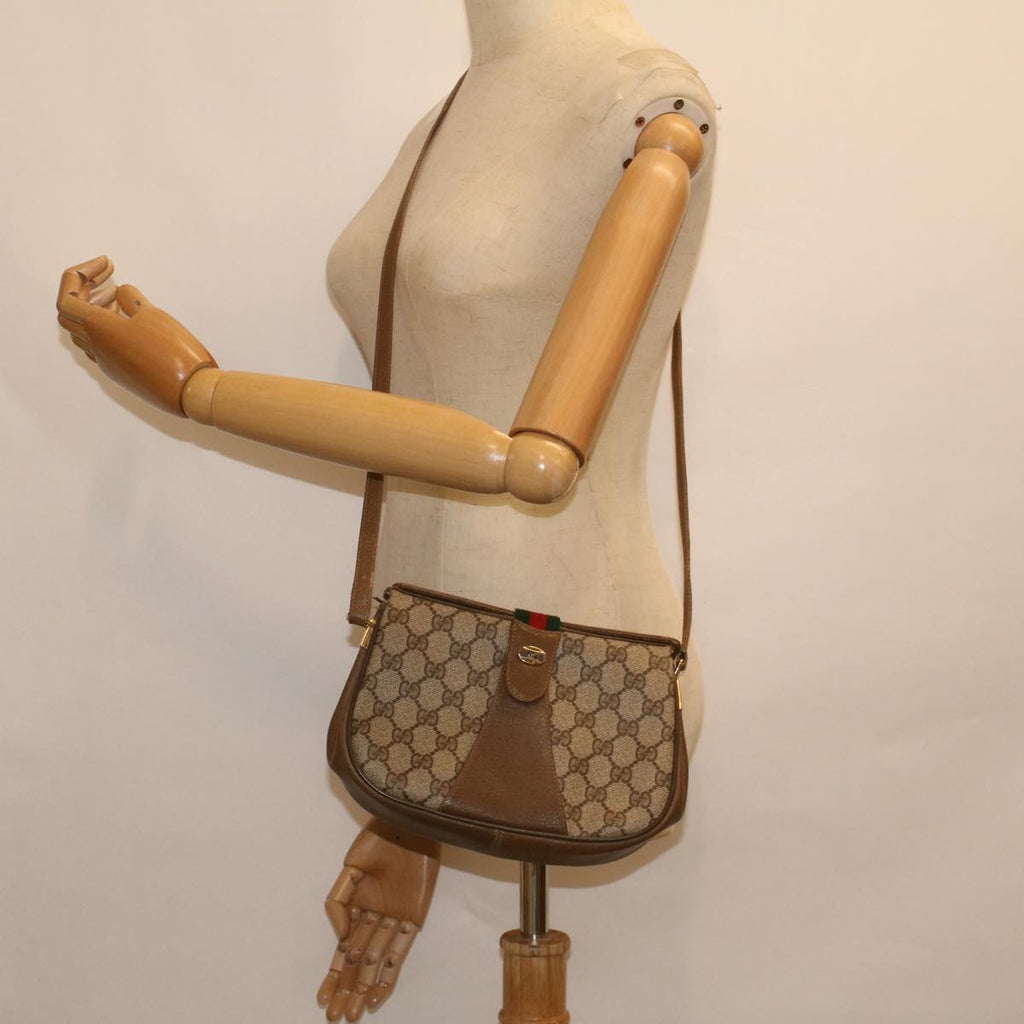 GUCCI GG Canvas Web Sherry Line Shoulder Bag PVC Leather Beige Green 59155