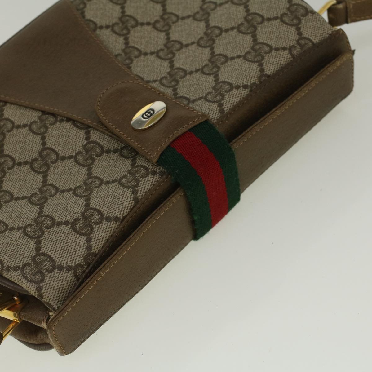 GUCCI GG Canvas Web Sherry Line Shoulder Bag PVC Leather Beige Green 59155
