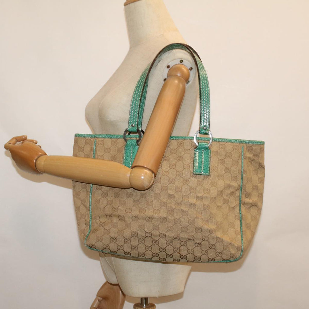GUCCI GG Canvas Tote Bag Beige Turquoise Blue 113017 59245