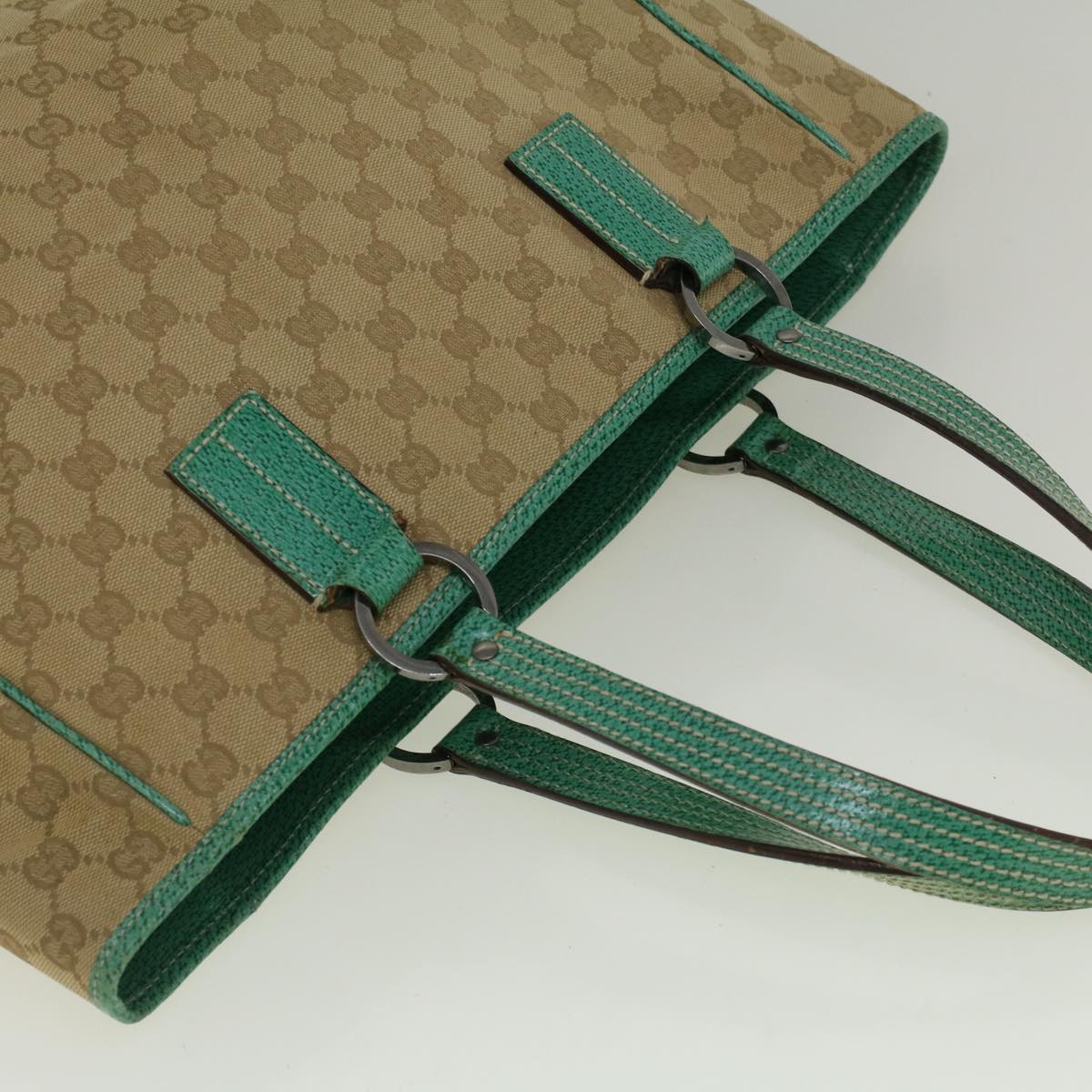 GUCCI GG Canvas Tote Bag Beige Turquoise Blue 113017 59245