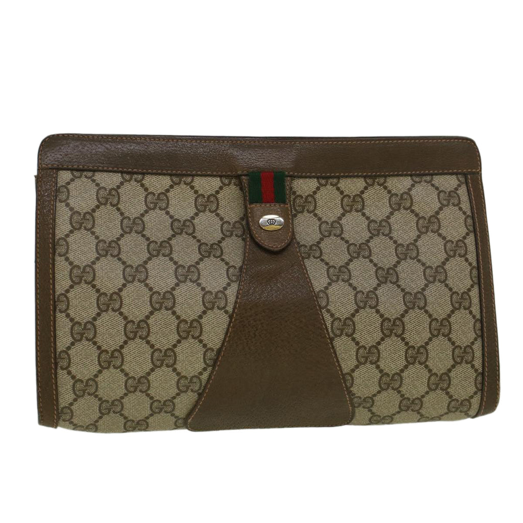 GUCCI GG Canvas Web Sherry Line Clutch Bag PVC Leather Beige Green 59249