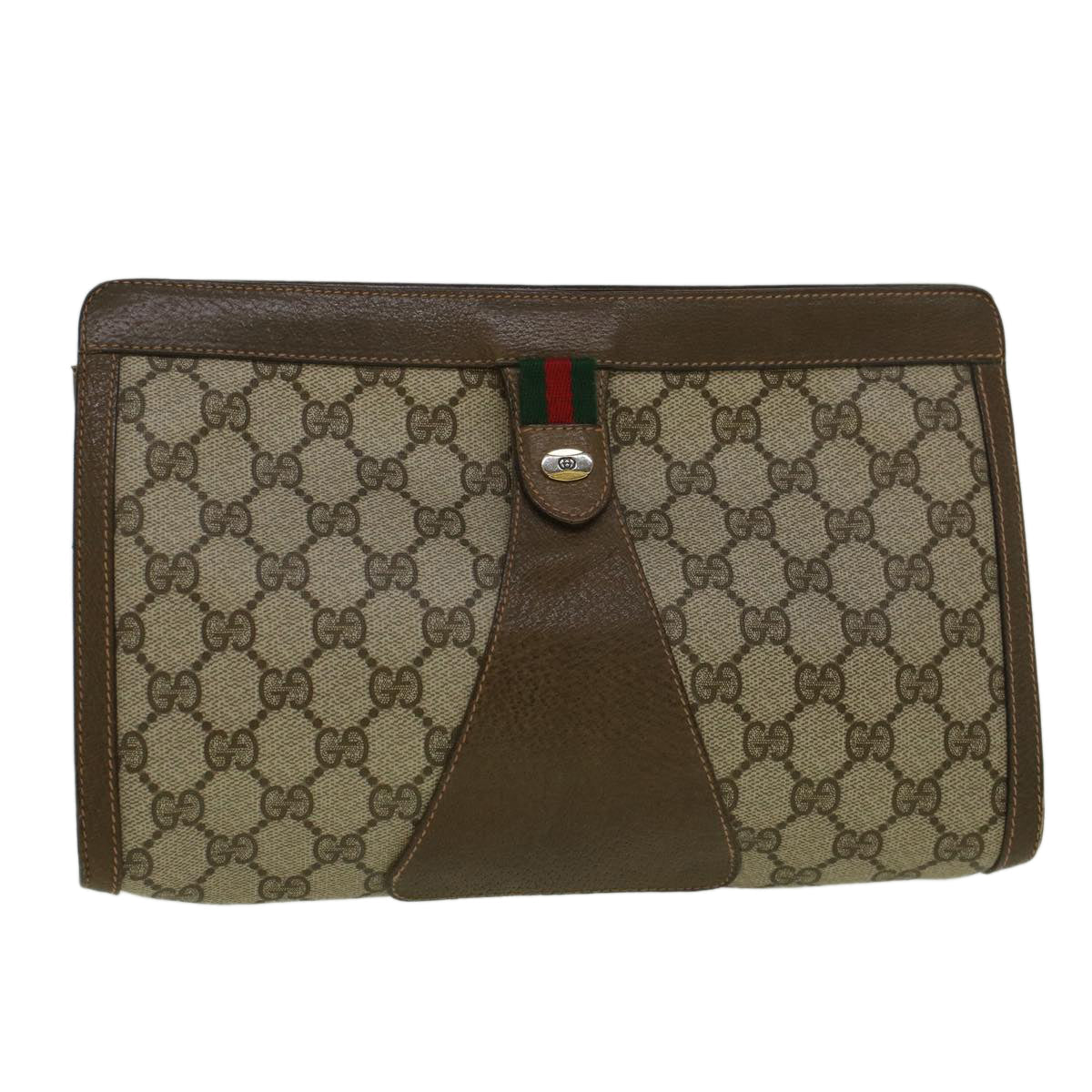 GUCCI GG Canvas Web Sherry Line Clutch Bag PVC Leather Beige Green 59249