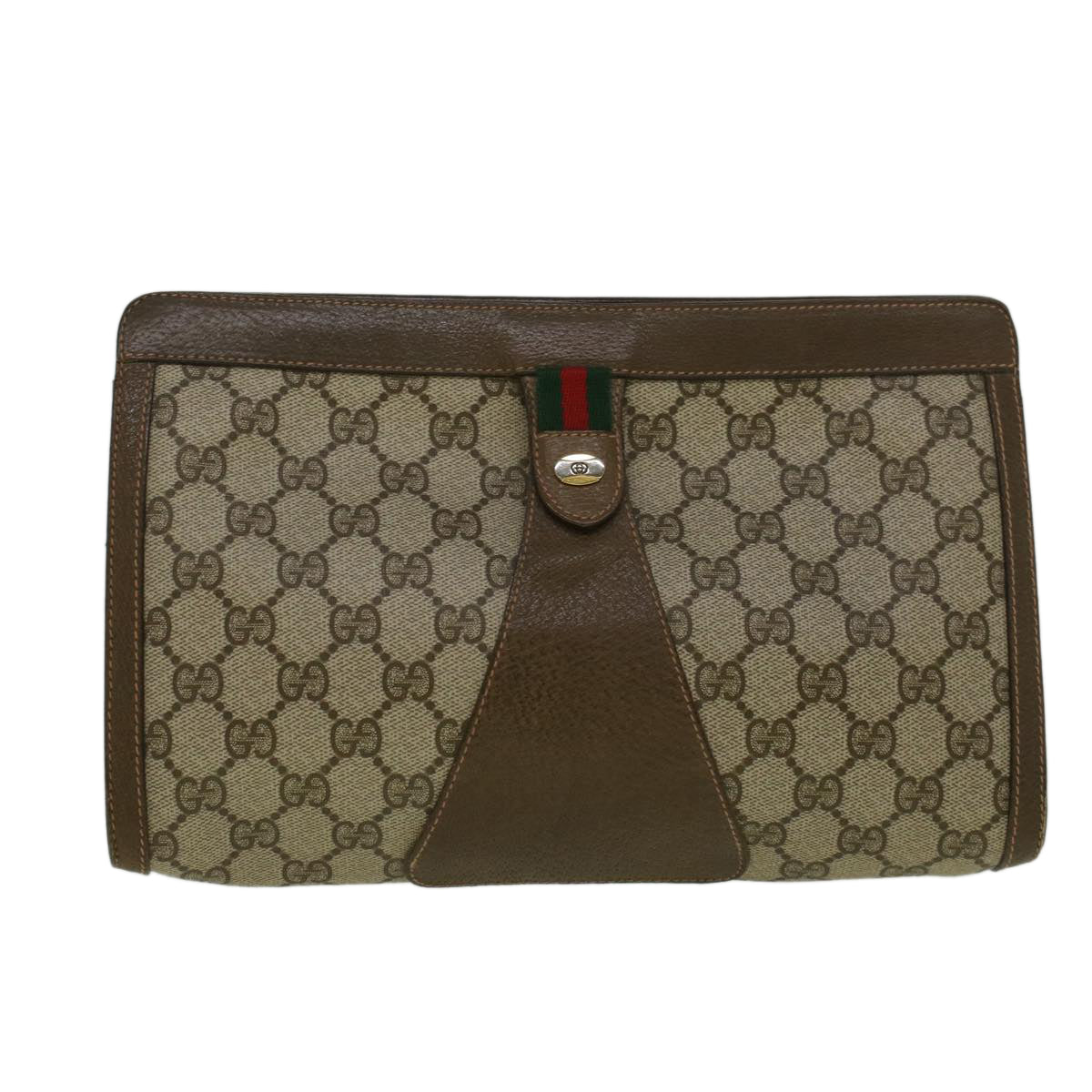 GUCCI GG Canvas Web Sherry Line Clutch Bag PVC Leather Beige Green 59249