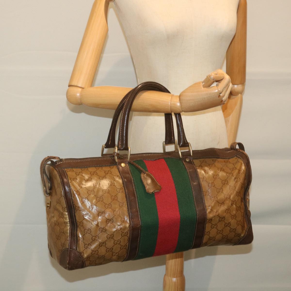 GUCCI GG Crystal Web Sherry Line Boston Bag Brown Red Green 59337