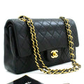 CHANEL Classic Double Flap 10" Chain Shoulder Bag Black Lambskin k66