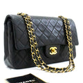 CHANEL Classic Double Flap 10" Chain Shoulder Bag Black Lambskin k63