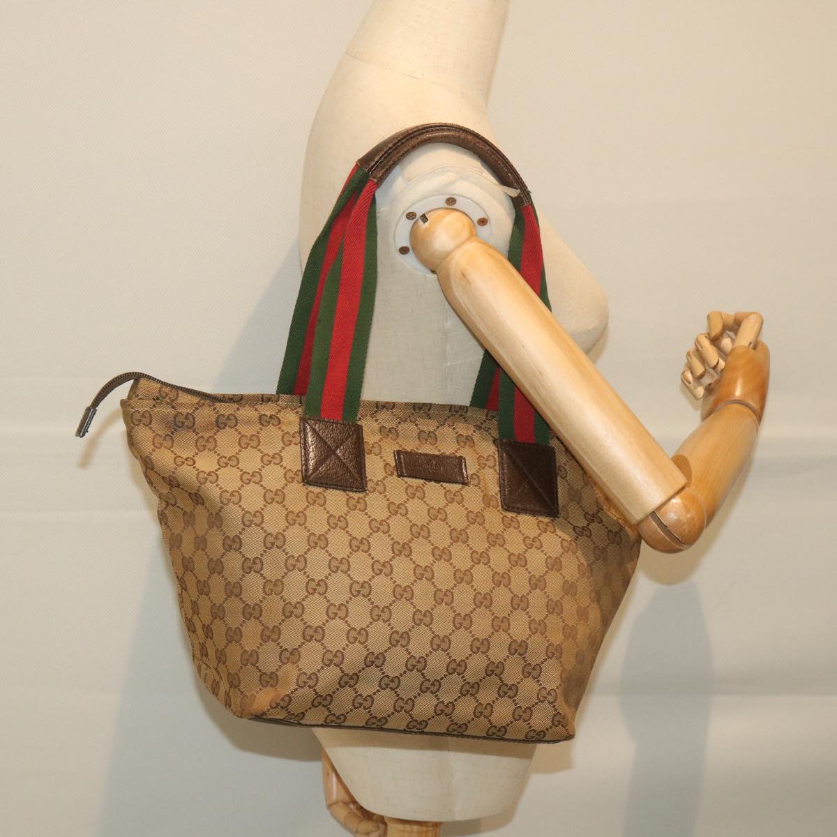 GUCCI GG Canvas Web Sherry Line Tote Bag Beige Red Green 131230 59707