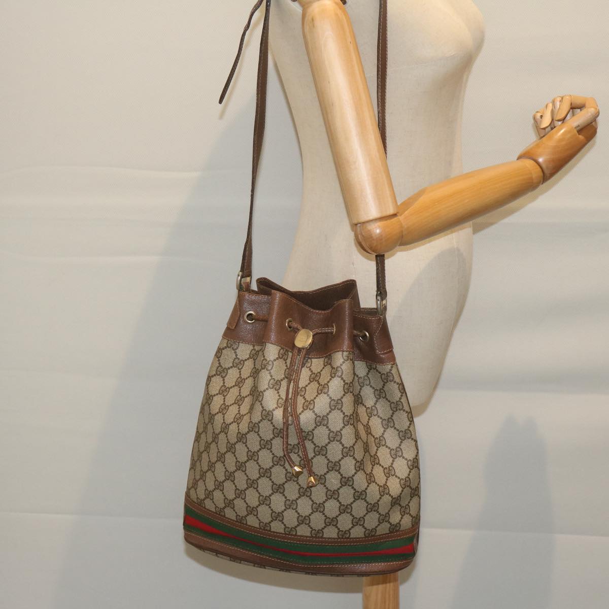 GUCCI GG Canvas Web Sherry Line Shoulder Bag PVC Beige Green Red 59737