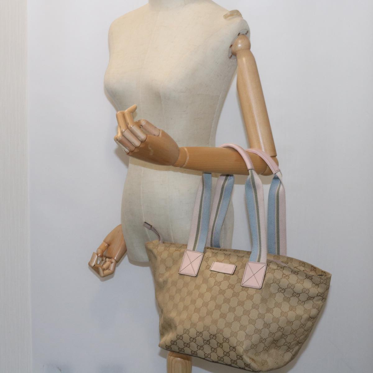 GUCCI GG Canvas Sherry Line Tote Bag Beige Light Blue Green 131230 59964