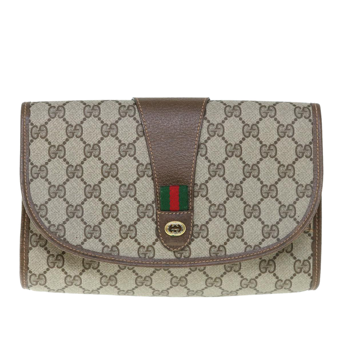 GUCCI GG Canvas Web Sherry Line Clutch Bag PVC Beige Red Green 59987
