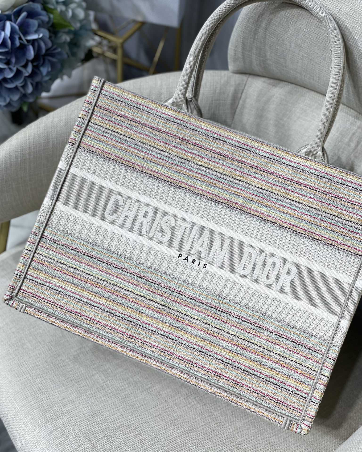 GLAMI Large Book Tote Bag Canvas Stripes Embroidery For Women 42cm/16.5in CD
