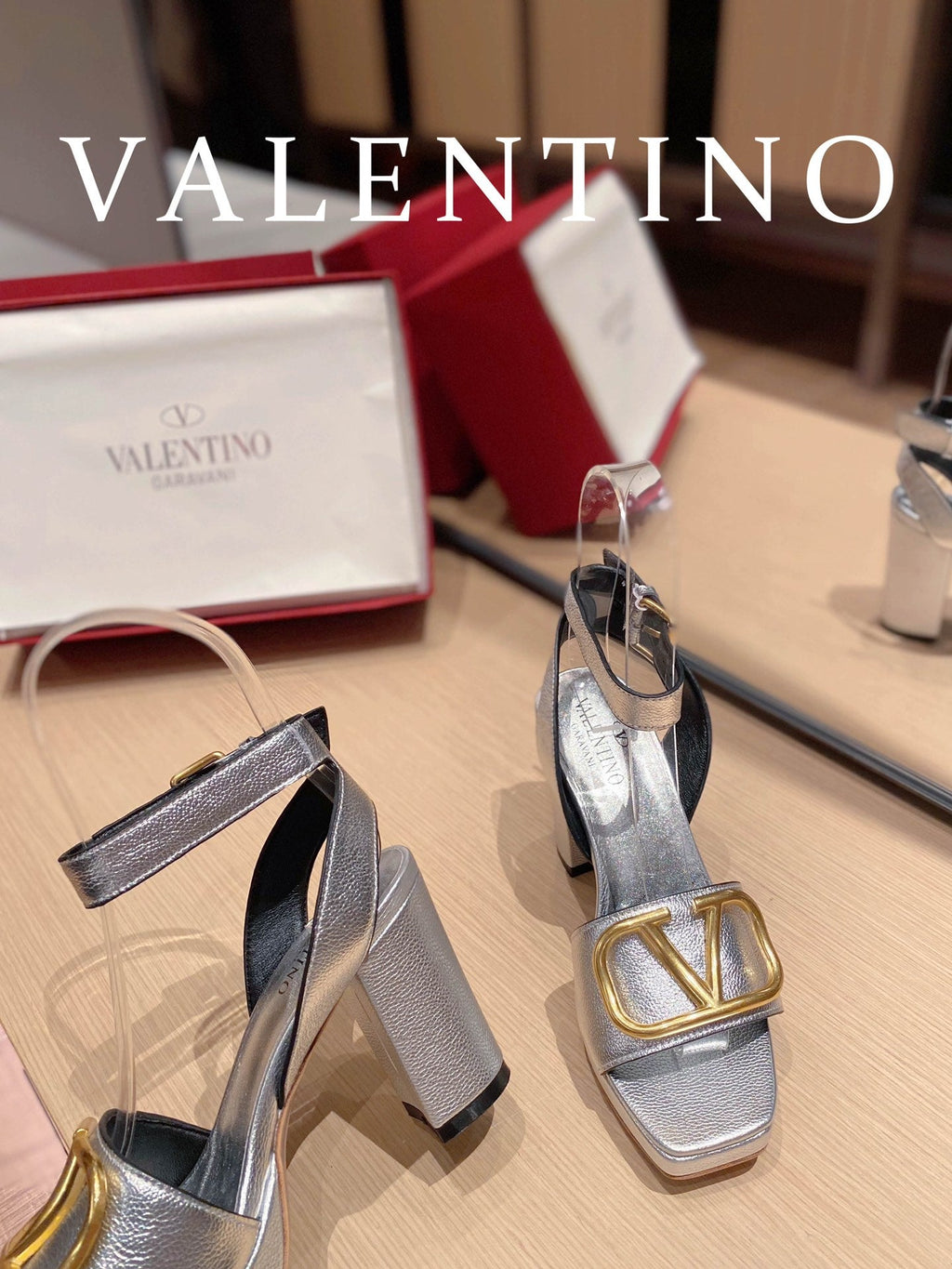 Valentino Garavani Strap Heeled Sandals With V Logo Signature EmbellisGLAMIent Silver For Women
